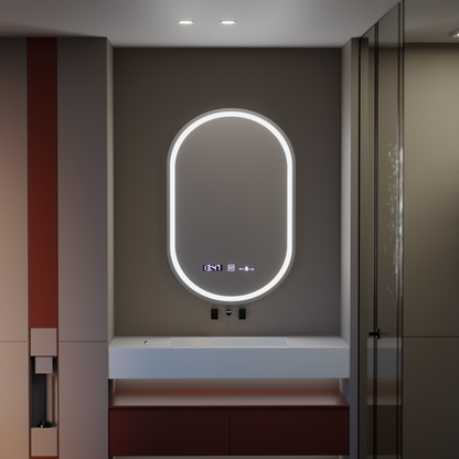 Miroir LED ovale, 50x80cm, Eminence MotionGlow Marcello, système anti-buée, horloge et thermomètre, intensité variable