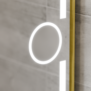 Miroir LED rectangulaire, 110x65cm, Eclat MotionGlow Marcello, système anti-buée, horloge et thermomètre, loupe cosmétique, intensité variable, cadre doré brossé