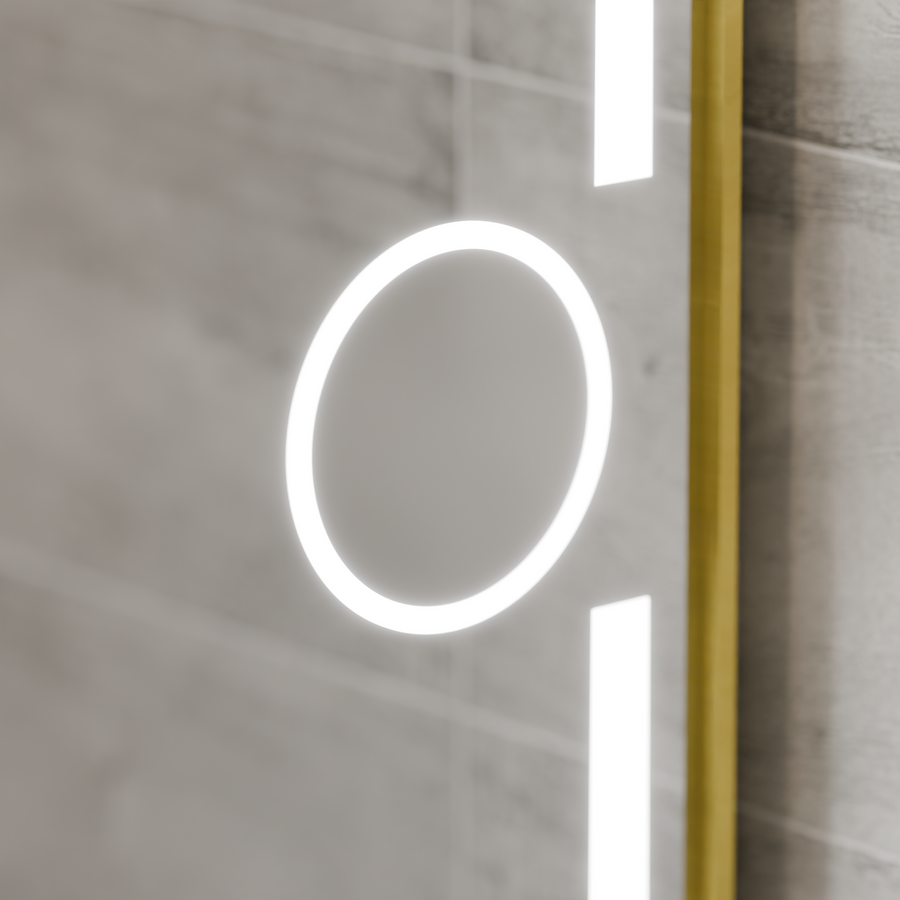 Miroir LED rectangulaire, 110x65cm, Eclat MotionGlow Marcello, système anti-buée, horloge et thermomètre, loupe cosmétique, intensité variable, cadre doré brossé