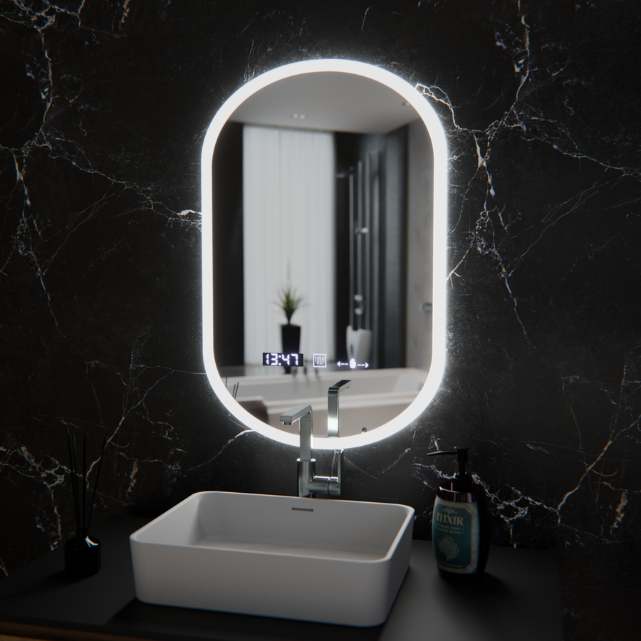 Miroir LED ovale, 50x80 cm, capteur Lucia Marcello, système anti-buée, horloge et thermomètre, intensité variable