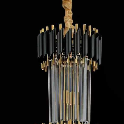 Lustre en cristal CC900/700X2200, 34xE14, diamètre 70 cm, hauteur 220 cm, or brillant et noir, hauteur réglable, design élégant