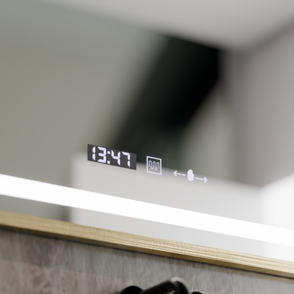 Miroir LED rectangulaire, 110x65cm, Eclat MotionGlow Marcello, système anti-buée, horloge et thermomètre, loupe cosmétique, intensité variable, cadre doré brossé