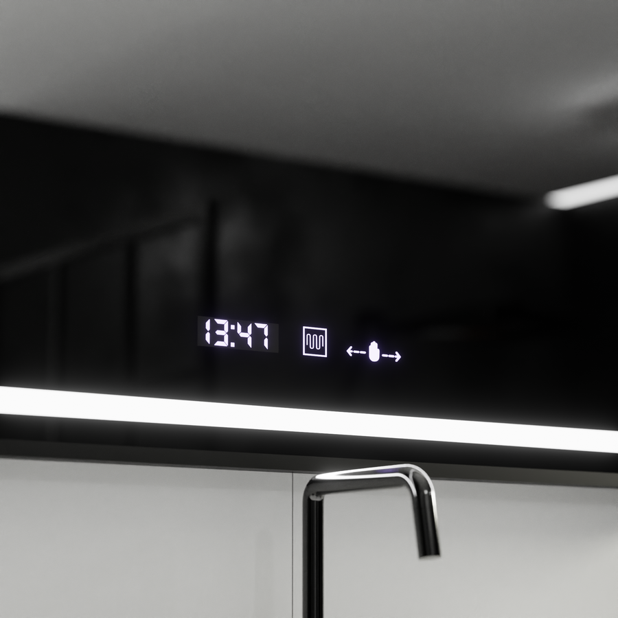 Miroir LED rectangulaire, 120x80cm, Verite Majeste Noir Motion Glow Marcello, système anti-buée, horloge et thermomètre, intensité variable