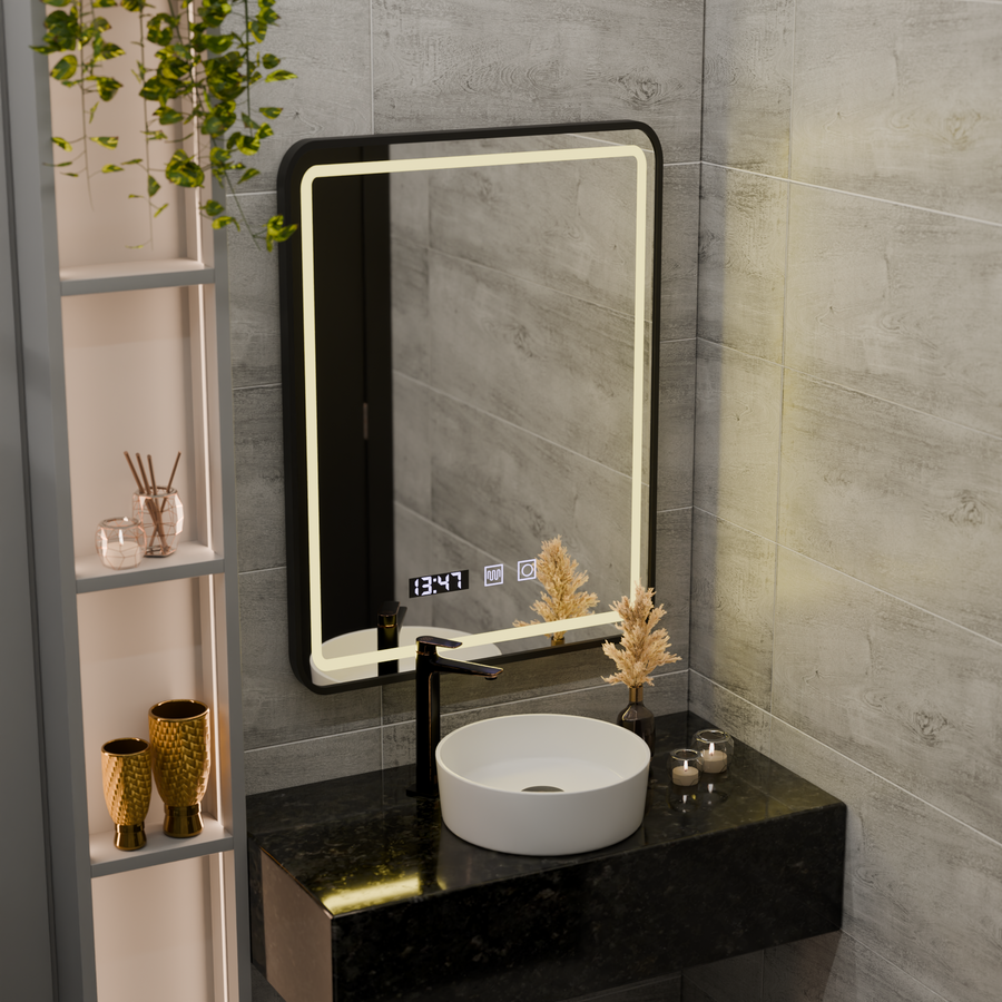 Miroir LED Tactile LUCIDA Système de Désembuage, Horloge et Température 50x70 cm Cadre Noir Brossé