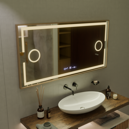 Miroir LED MotionGlow Capteur Sofia avec fonction anti-buée Thermomètre Horloge 110x65 cm Lumière Chaude/Froide/Neutre Intensité Variable, Cadre Or Rose, Collection Marcello Funghi