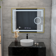 Miroir LED rectangulaire, 80x60 cm, Eclat MotionGlow Marcello, système anti-buée, horloge et thermomètre, loupe cosmétique, intensité variable, cadre doré brossé