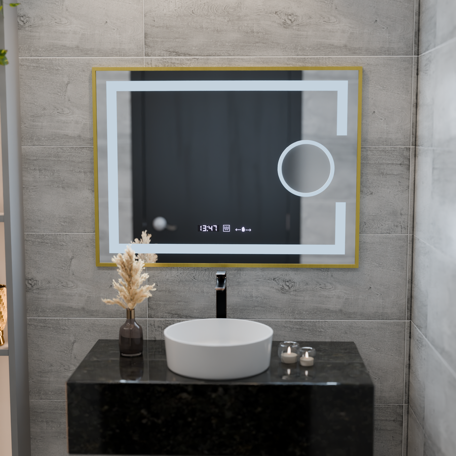 Miroir LED rectangulaire, 80x60 cm, Eclat MotionGlow Marcello, système anti-buée, horloge et thermomètre, loupe cosmétique, intensité variable, cadre doré brossé
