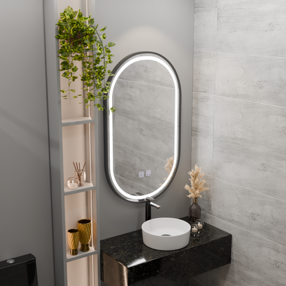 Miroir ovale LED 60 x 100 cm, système anti-buée à intensité variable VETRO Touch, cadre noir