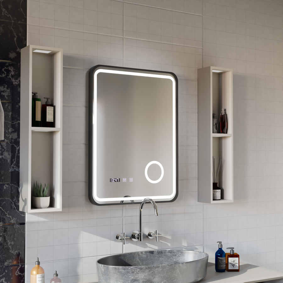 Ulrich Miroir Tactile LED Système de Désembuage, Horloge et Température Loupe Cosmétique Cadre Noir Brossé 60x80 cm