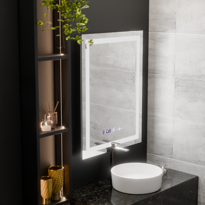 Miroir LED rectangulaire, 60x80 cm, Verite MotionGlow Marcello, système anti-buée, horloge et thermomètre, intensité variable