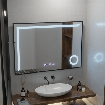 Miroir LED avec capteur MotionGlow Sofia avec fonction anti-buée Thermomètre Horloge 110x75 cm Lumière Chaude/Froide/Neutre Intensité Variable, Cadre Noir Brossé, Collection Marcello Funghi