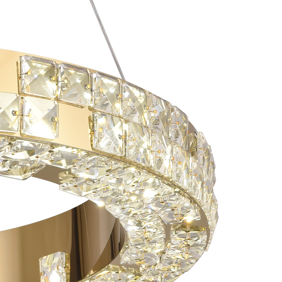 Lustre LED avec télécommande, LLC135/2GD, cristal et métal, 55 W, 2 cercles, intensité variable, hauteur réglable, lumière froide/chaude/neutre 3000 K/4000 K/6000 K, éclairage luxueux