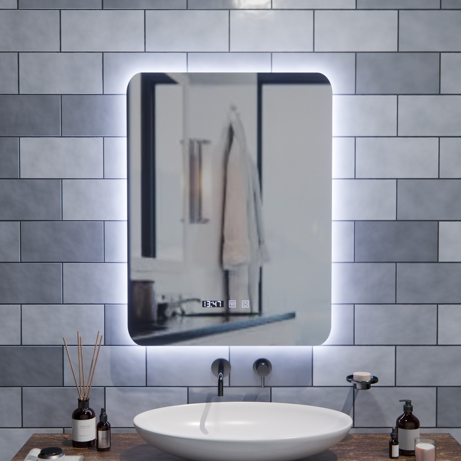 Miroir LED rectangulaire ARTAR Touch, 60 x 80 cm, système anti-buée, intensité variable, horloge et température, lumière froide neutre et chaude 3000 K/4000 K/6000 K.