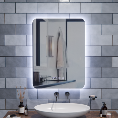Miroir LED rectangulaire ARTAR Touch, 60 x 80 cm, système anti-buée, intensité variable, horloge et température, lumière froide neutre et chaude 3000 K/4000 K/6000 K.