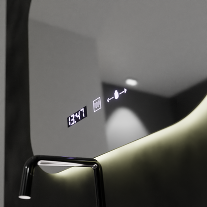 Miroir LED rectangulaire 60x60 Aura Riflesso Puro MotionGlow Marcello, système anti-buée, thermomètre et horloge, intensité variable