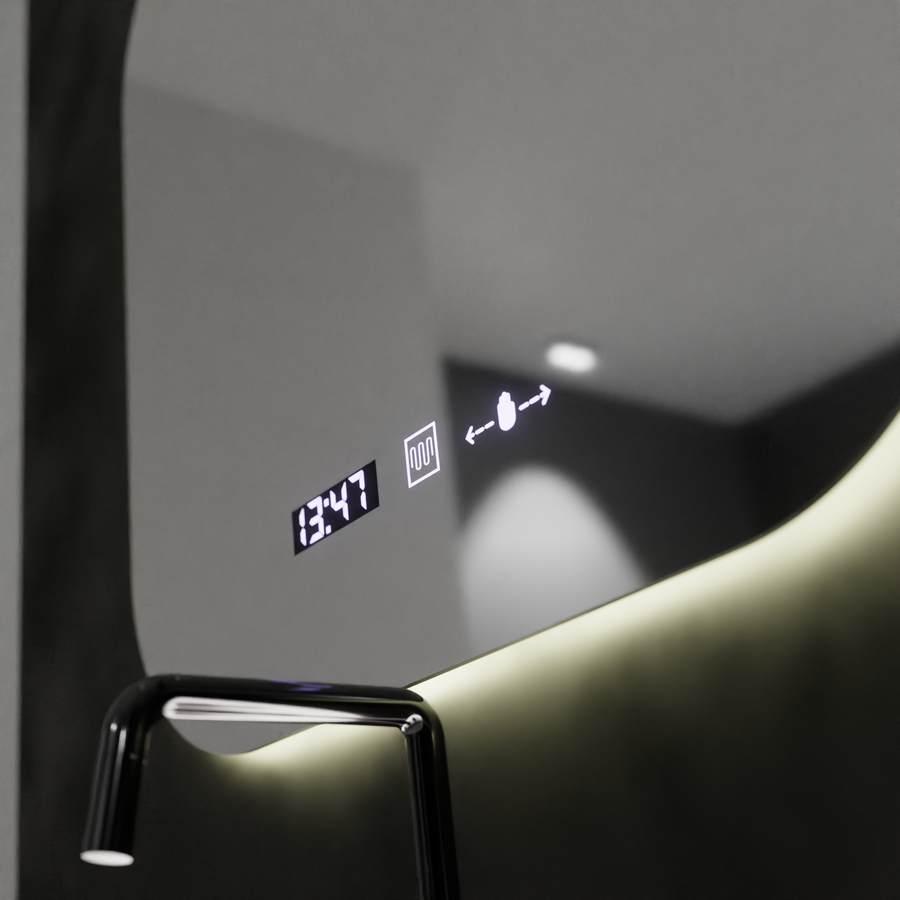 Miroir LED rectangulaire 60x60 Aura Riflesso Puro MotionGlow Marcello, système anti-buée, thermomètre et horloge, intensité variable