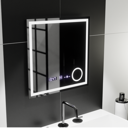 Miroir LED rectangulaire, 60x60 cm, Souverain MotionGlow Marcello, système anti-buée, horloge et thermomètre, loupe cosmétique, variable