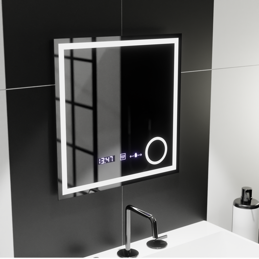 Miroir LED rectangulaire, 60x60 cm, Souverain MotionGlow Marcello, système anti-buée, horloge et thermomètre, loupe cosmétique, variable