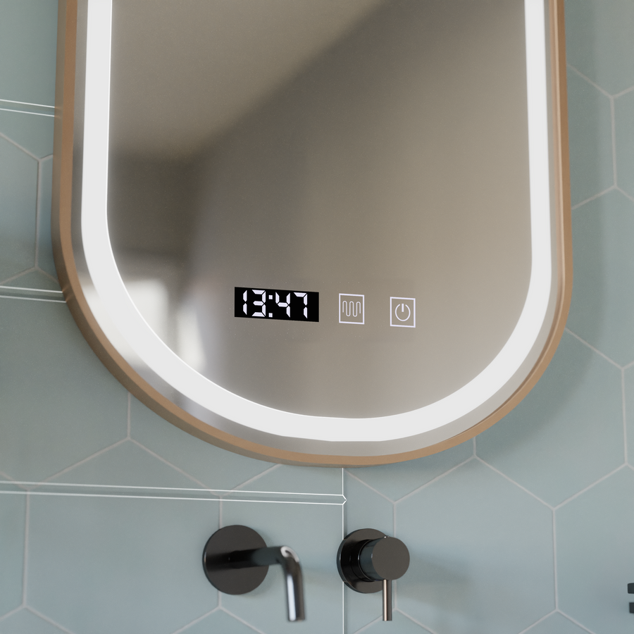 Konrad Miroir tactile LED avec système de désembuage, horloge et température, cadre doré brossé 50 x 80 cm, lumière froide neutre et chaude 3000 K/4000 K/6000 K.