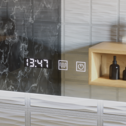 Miroir LED rectangulaire ARTAR Touch, 60 x 80 cm, système anti-buée, intensité variable, horloge et température, lumière froide neutre et chaude 3000 K/4000 K/6000 K.