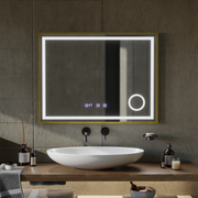 Miroir LED CLARUS Touch, système de désembuage, horloge et température, loupe cosmétique cadre or brossé 80x60 cm