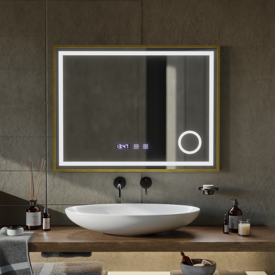 Miroir LED CLARUS Touch, système de désembuage, horloge et température, loupe cosmétique cadre or brossé 80x60 cm