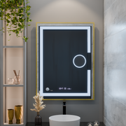 Miroir LED rectangulaire, 60x80 cm, Eclat MotionGlow Marcello, système anti-buée, horloge et thermomètre, loupe cosmétique, intensité variable, cadre doré brossé