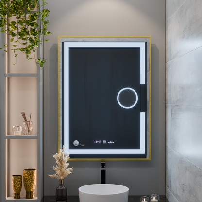 Miroir LED rectangulaire, 60x80 cm, Eclat MotionGlow Marcello, système anti-buée, horloge et thermomètre, loupe cosmétique, intensité variable, cadre doré brossé