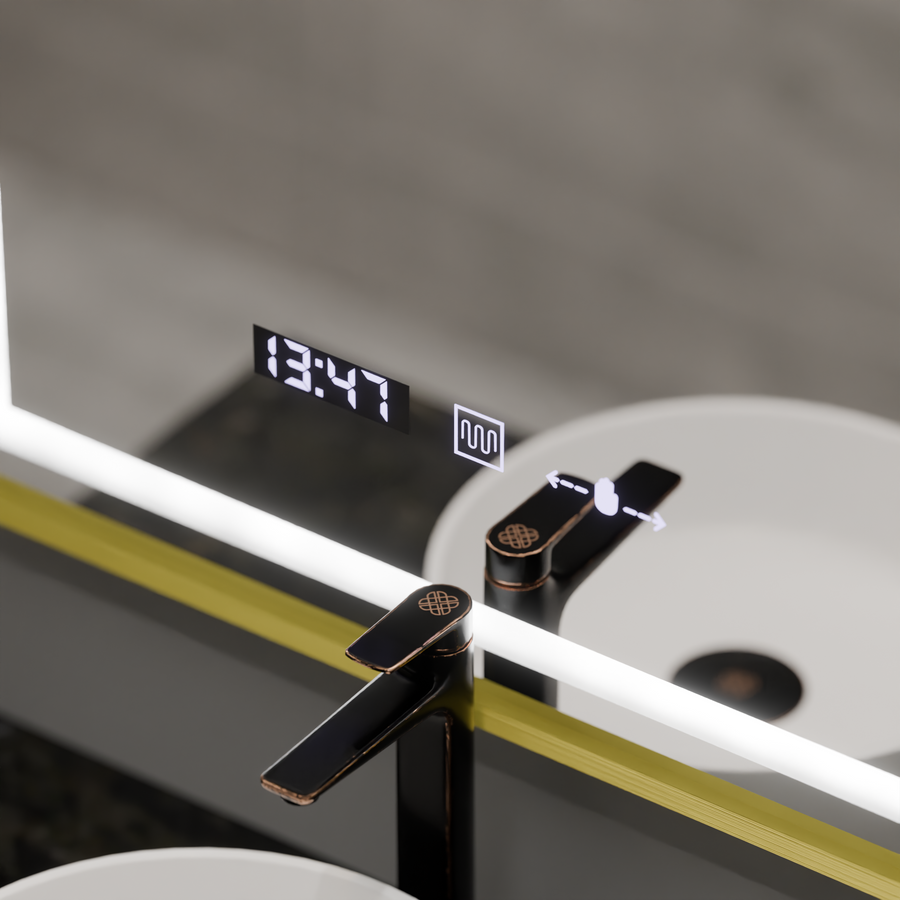 Miroir LED rectangulaire, 75x90 cm, Verite Royale Gold MotionGlow Marcello, système anti-buée, horloge et thermomètre, intensité variable
