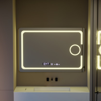 Miroir LED rectangulaire, 120x80cm, Eclat MotionGlow Marcello, système anti-buée, horloge et thermomètre, loupe cosmétique, variable