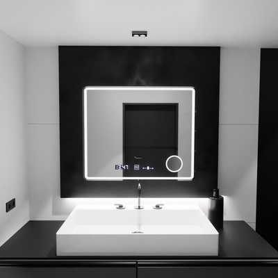 Miroir LED rectangulaire, 90 x 75 cm, Riflesso MotionGlow Marcello, système anti-buée, horloge et thermomètre, loupe cosmétique, variable