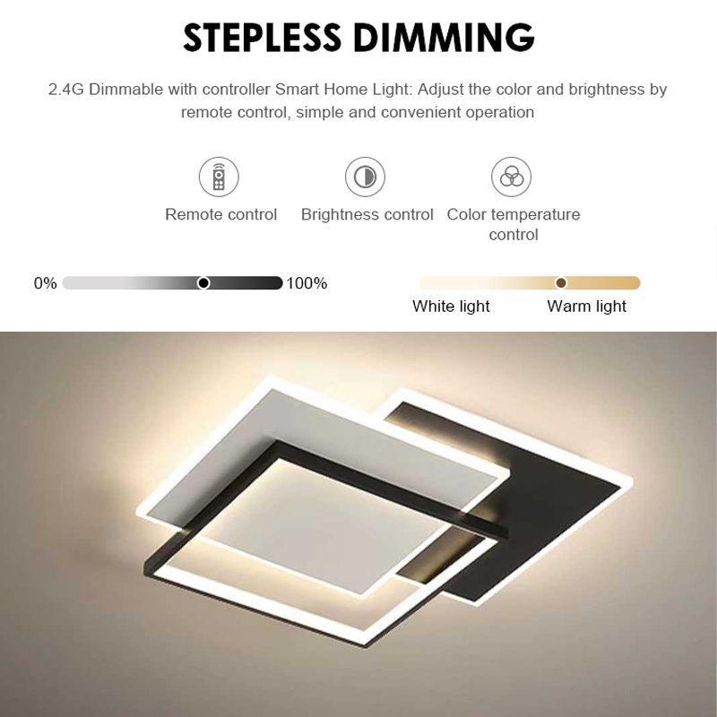 Lustre LED avec télécommande CHIARA 98W, 3 Carrés, Lumière Froid/Chaud/Neutre, Dimmable, Noir