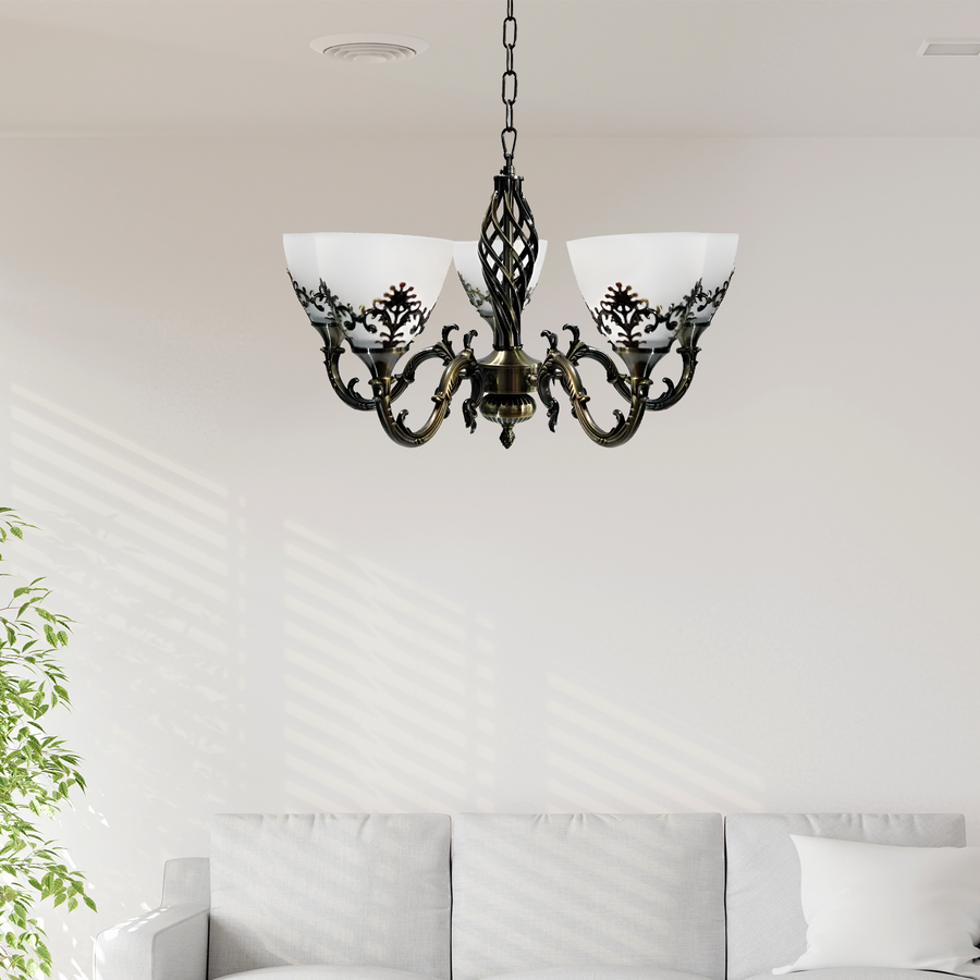 Lustre Rustique COTTAGE, 5*E27, Bronze Antique, Métal et Verre