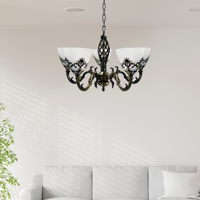 Lustre Rustique COTTAGE, 5*E27, Bronze Antique, Métal et Verre