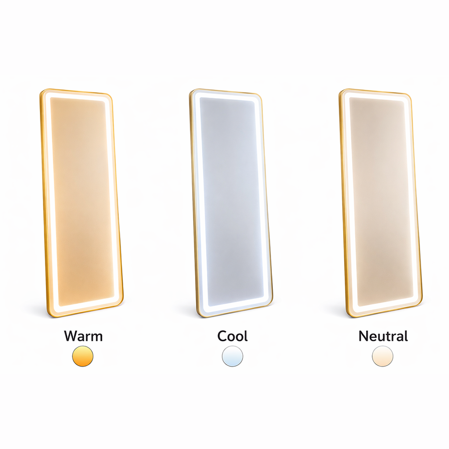 Miroir LED rectangulaire, cadre doré, 50x160cm, intensité variable, lumière froide/chaude/neutre, Dressing Couture