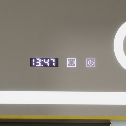 Miroir LED CLARUS Touch, système de désembuage, horloge et température, loupe cosmétique cadre or brossé 80x60 cm