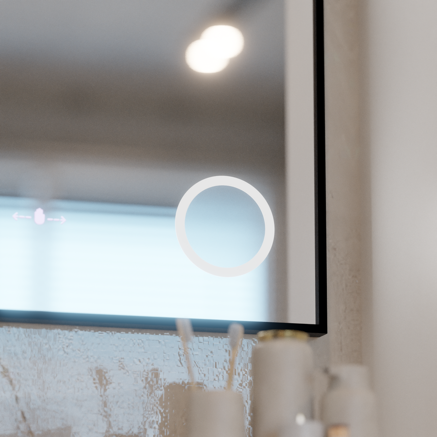 Miroir LED avec capteur MotionGlow Sofia avec fonction anti-buée Thermomètre Horloge 110x75 cm Lumière Chaude/Froide/Neutre Intensité Variable, Cadre Noir Brossé, Collection Marcello Funghi