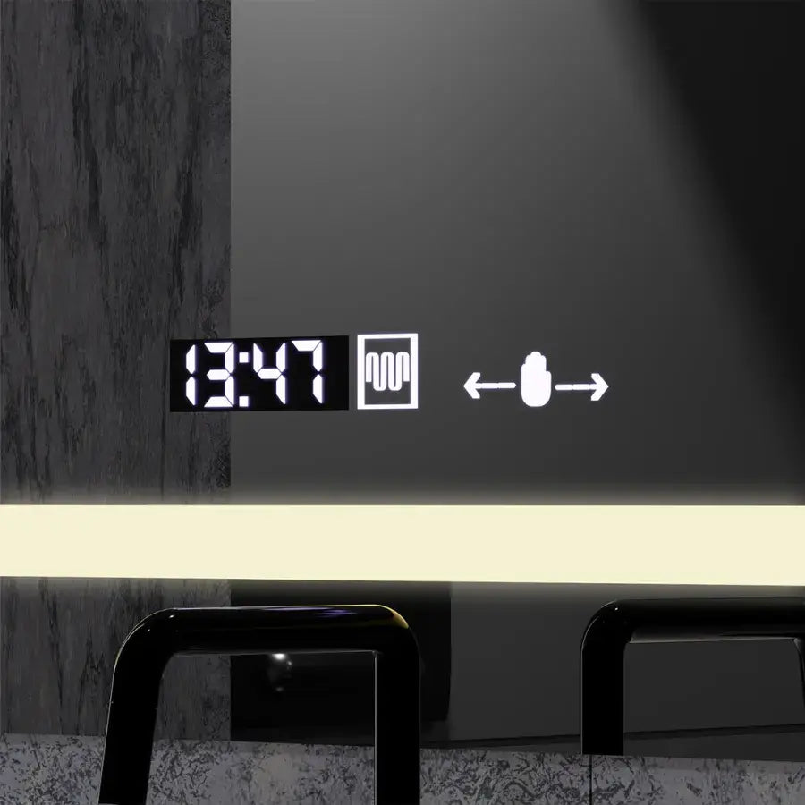 Miroir LED rectangulaire, 80x60 cm, Definition MotionGlow Marcello, système anti-buée, horloge et thermomètre, loupe cosmétique, intensité variable
