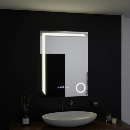 Miroir LED rectangulaire, 60x80 cm, Precision MotionGlow Marcello, système anti-buée, horloge et thermomètre, loupe cosmétique, variable