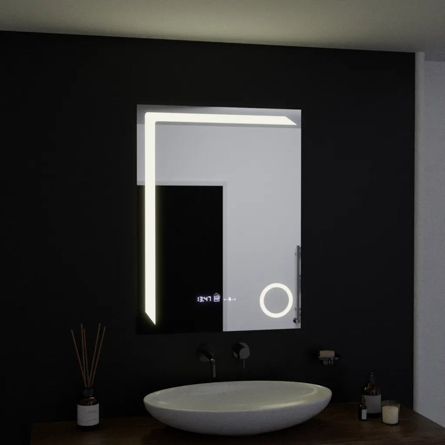 Miroir LED rectangulaire, 60x80 cm, Precision MotionGlow Marcello, système anti-buée, horloge et thermomètre, loupe cosmétique, variable