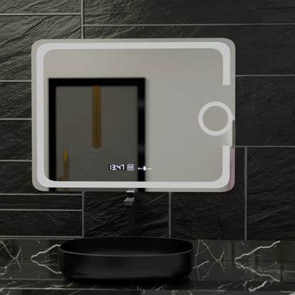 Miroir LED rectangulaire, 80x60 cm, Eclat MotionGlow Marcello, système anti-buée, horloge et thermomètre, loupe cosmétique, intensité variable