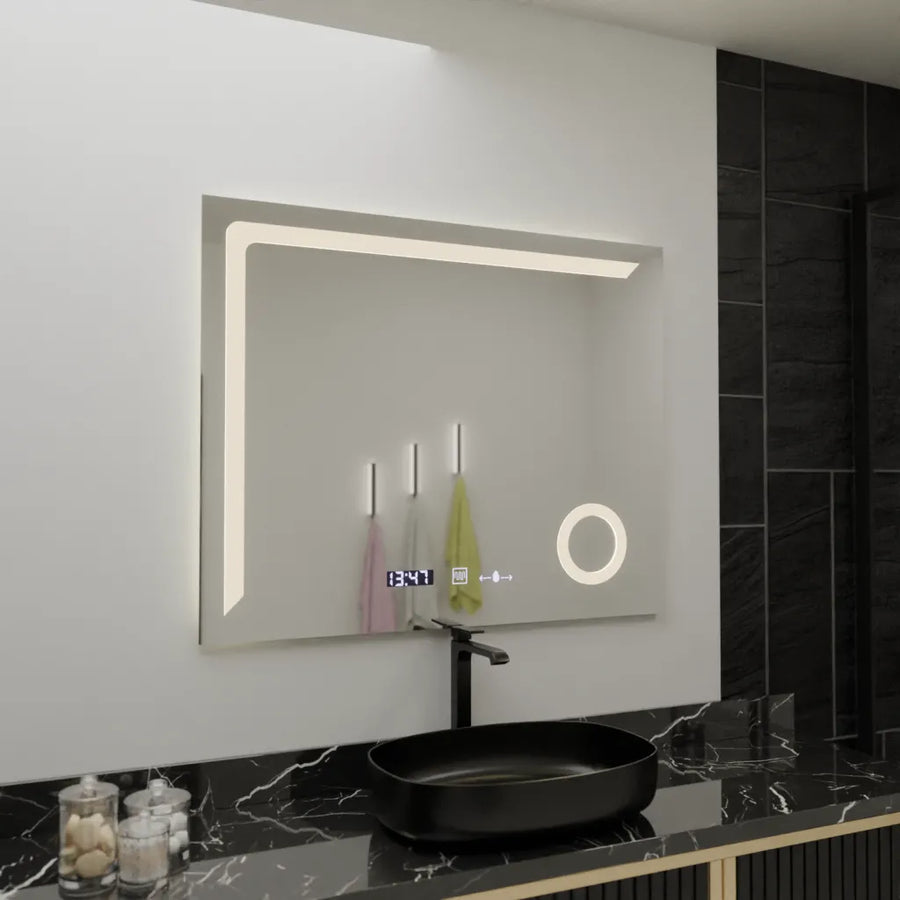Miroir LED rectangulaire, 100x80 cm, Precision MotionGlow Marcello, système anti-buée, horloge et thermomètre, loupe cosmétique, variable