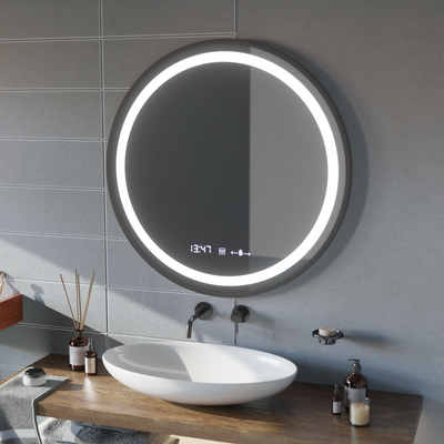 Miroir rond LED, 100 cm, Celeste Majesté Noir MotionGlow Marcello, système anti-buée, horloge et thermomètre, intensité variable