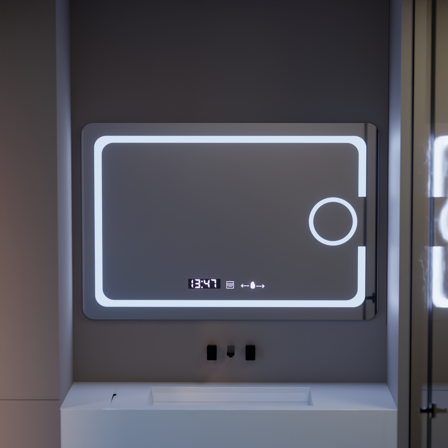 Miroir LED rectangulaire, 120x80cm, Eclat MotionGlow Marcello, système anti-buée, horloge et thermomètre, loupe cosmétique, variable