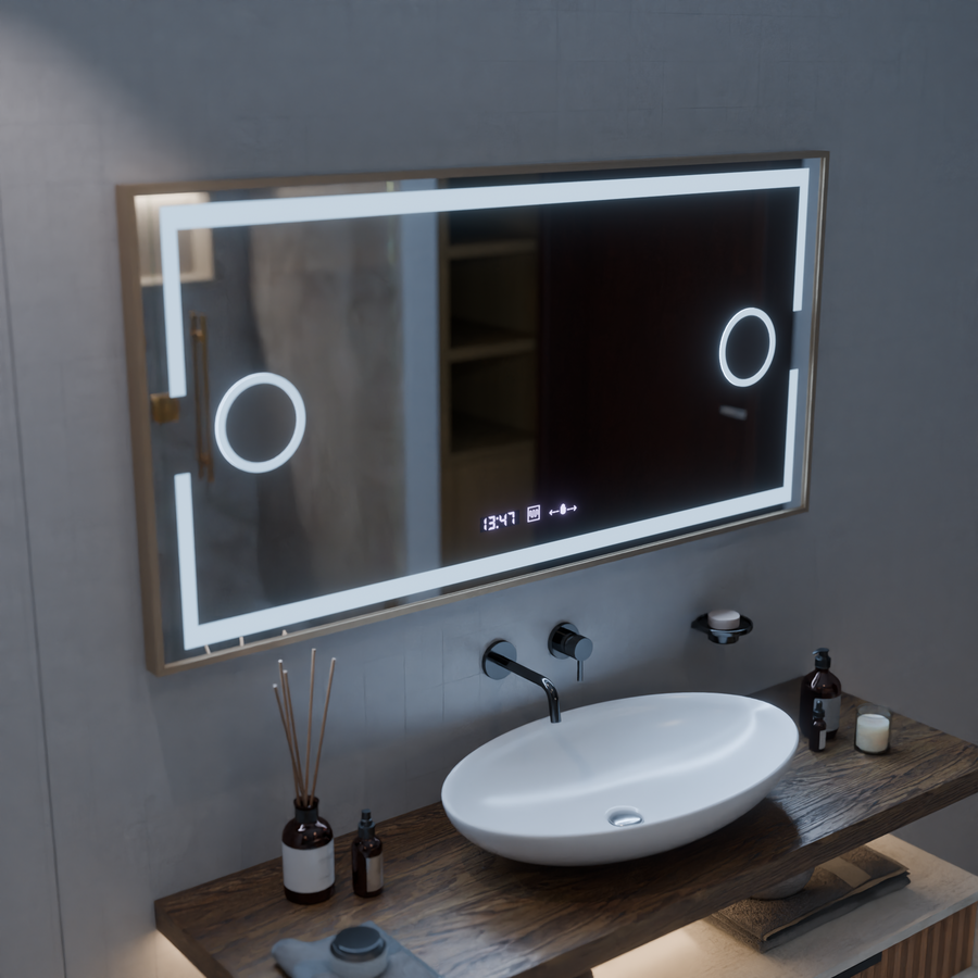 Miroir LED MotionGlow Capteur Sofia avec fonction anti-buée Thermomètre Horloge 110x65 cm Lumière Chaude/Froide/Neutre Intensité Variable, Cadre Or Rose, Collection Marcello Funghi