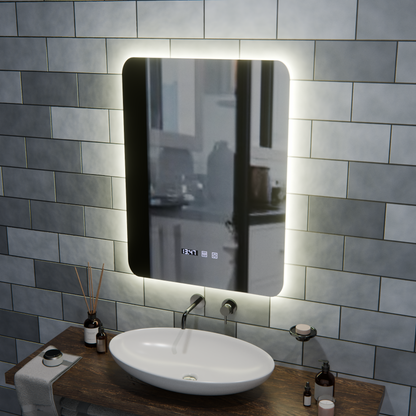 Miroir LED rectangulaire ARTAR Touch, 60 x 80 cm, système anti-buée, intensité variable, horloge et température, lumière froide neutre et chaude 3000 K/4000 K/6000 K.