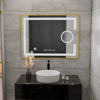 Miroir LED rectangulaire, 80x60 cm, Eclat MotionGlow Marcello, système anti-buée, horloge et thermomètre, loupe cosmétique, intensité variable, cadre doré brossé