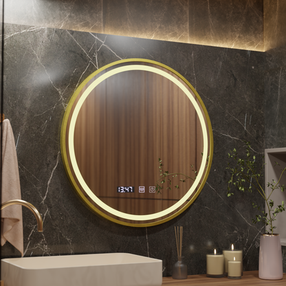 LUSSO Miroir Tactile LED, Système Désembuage, Horloge et Température, Diamètre 60 cm, Cadre Or Brossé, Lumière Chaude Neutre 3000K/4500K/6000K, Intensité Variable