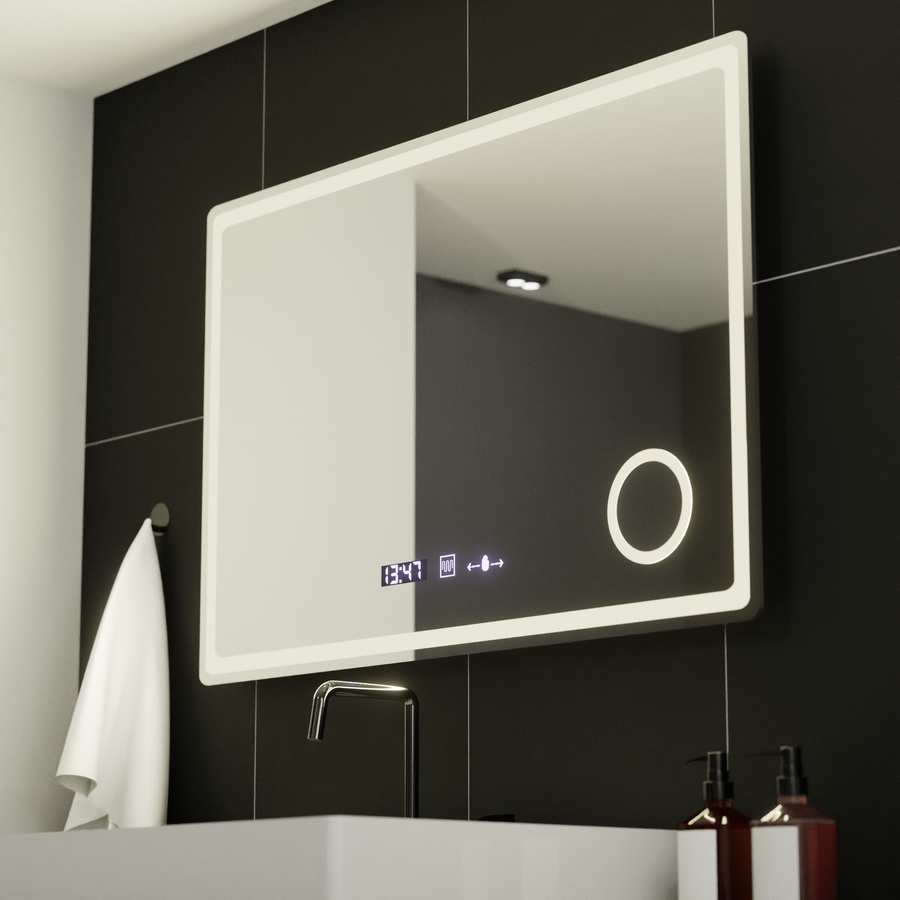 Miroir LED rectangulaire, 90x60 cm, Velour MotionGlow Marcello, système anti-buée, horloge et thermomètre, loupe cosmétique, intensité variable