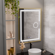 Miroir LED rectangulaire, 60x80 cm, Eclat MotionGlow Marcello, système anti-buée, horloge et thermomètre, loupe cosmétique, intensité variable, cadre doré brossé